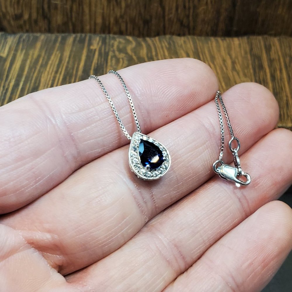 18 Inch 925 Sterling Silver Blue And Clear Sapphire Pendant Necklace - Picture 4 of 9